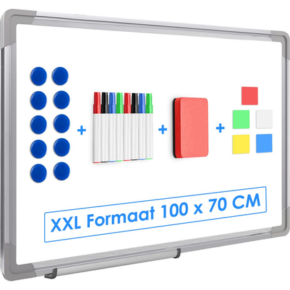 Duerté Premium Magnetisch Whiteboard 100x70 cm – Zilver Memobord Inclusief Stiften, Wisser & Accessoires