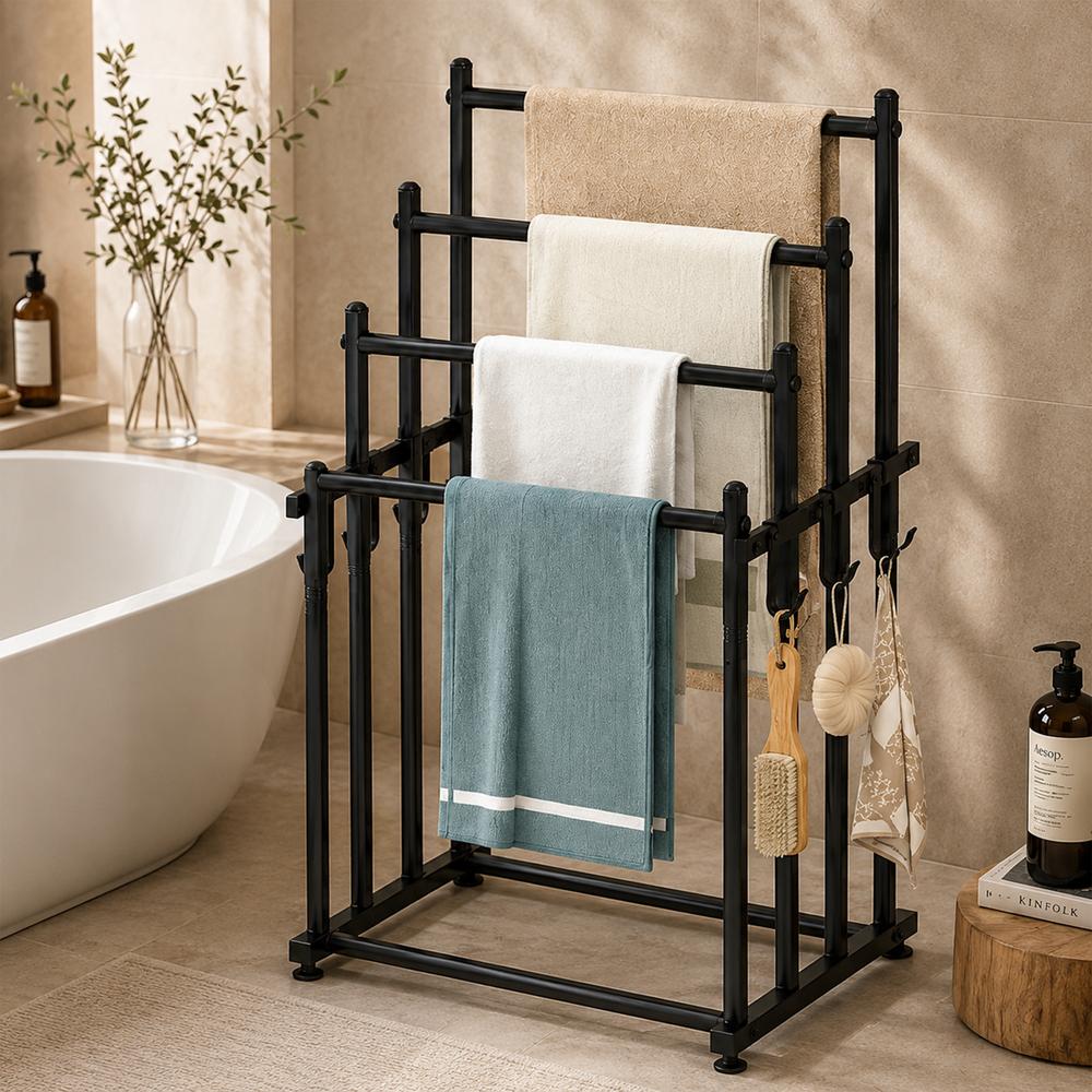Duerté Luxe Handdoekrek XXL – Vrijstaand Handdoekenrek voor Badkamer met Moderne Zwarte Afwerking