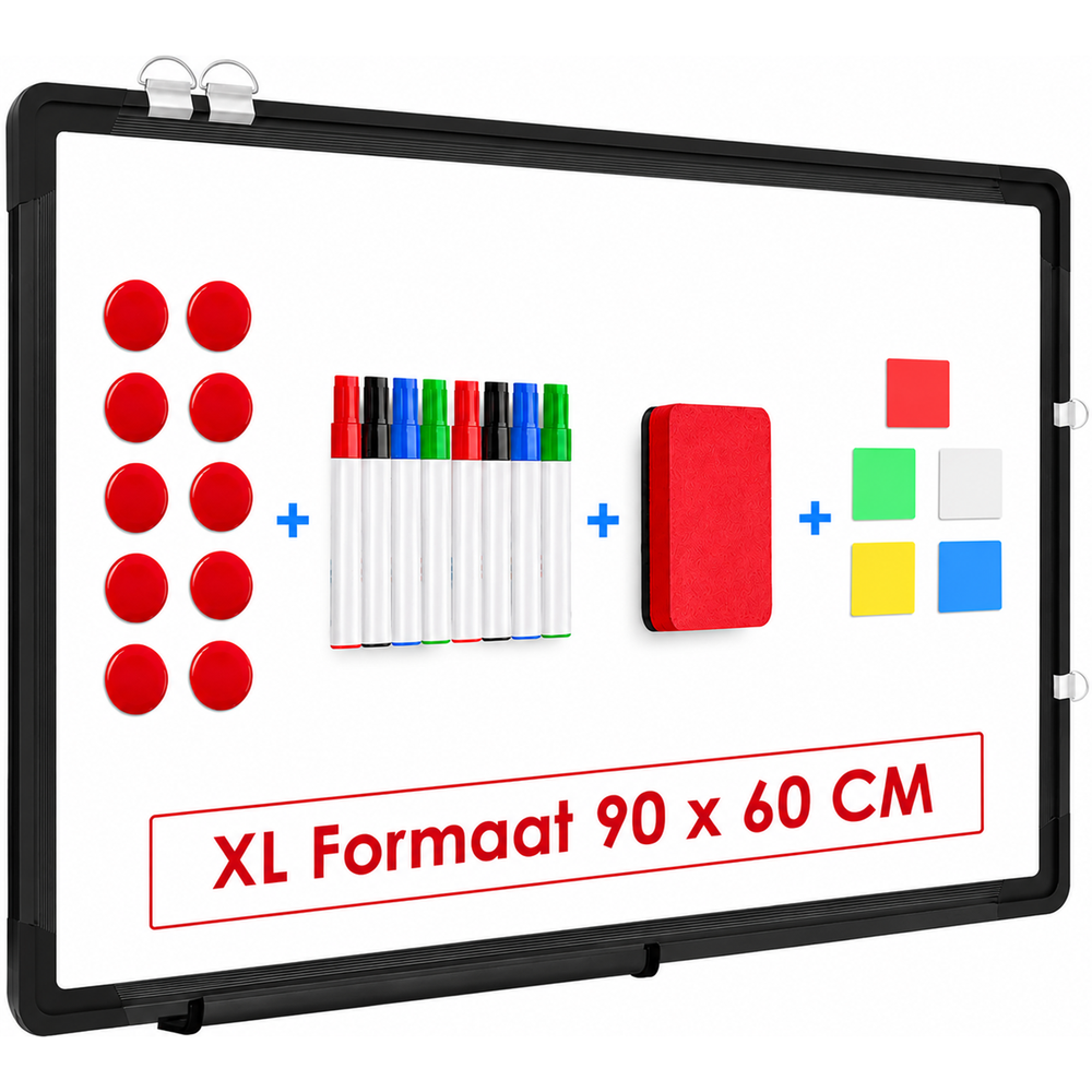 Duerté Premium Magnetisch Whiteboard 90x60 cm – Zwart Memobord Inclusief Stiften, Wisser & Accessoires