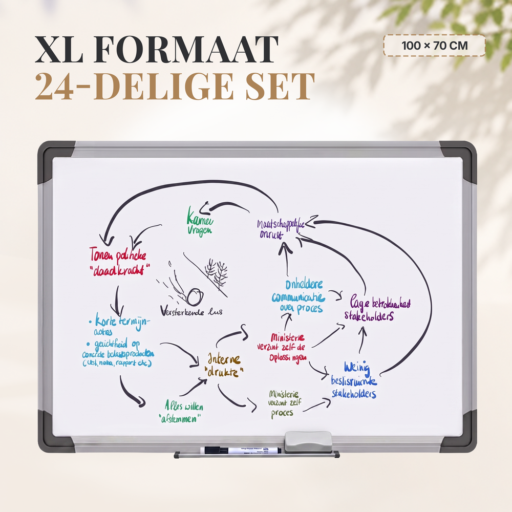 Duerté Premium Magnetisch Whiteboard 100x70 cm – Zilver Memobord Inclusief Stiften, Wisser & Accessoires