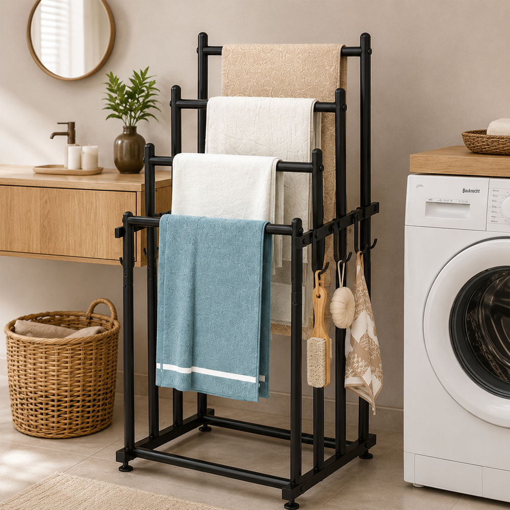 Duerté Luxe Handdoekrek XXL – Vrijstaand Handdoekenrek voor Badkamer met Moderne Zwarte Afwerking