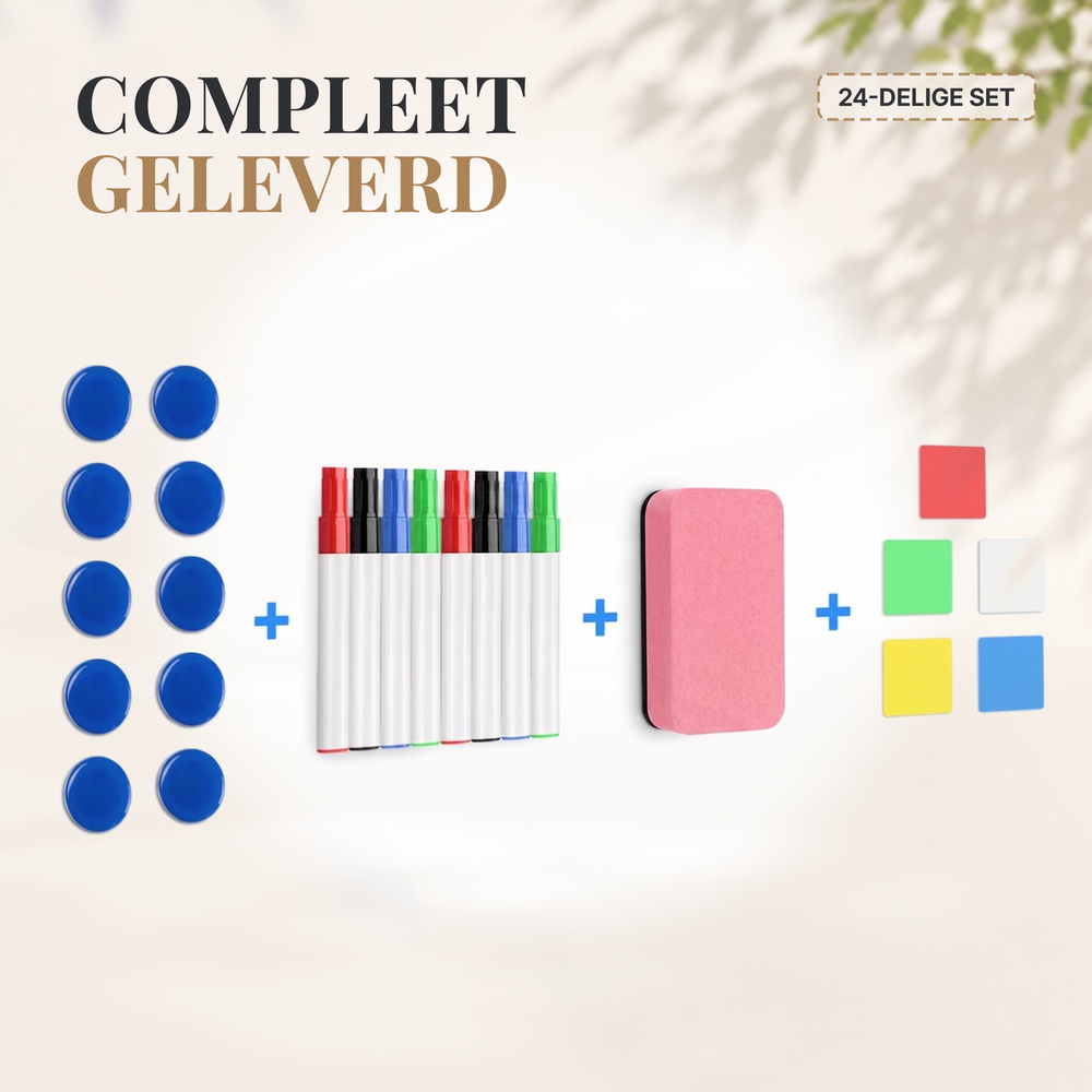 Duerté Premium Magnetisch Whiteboard 100x70 cm – Zilver Memobord Inclusief Stiften, Wisser & Accessoires
